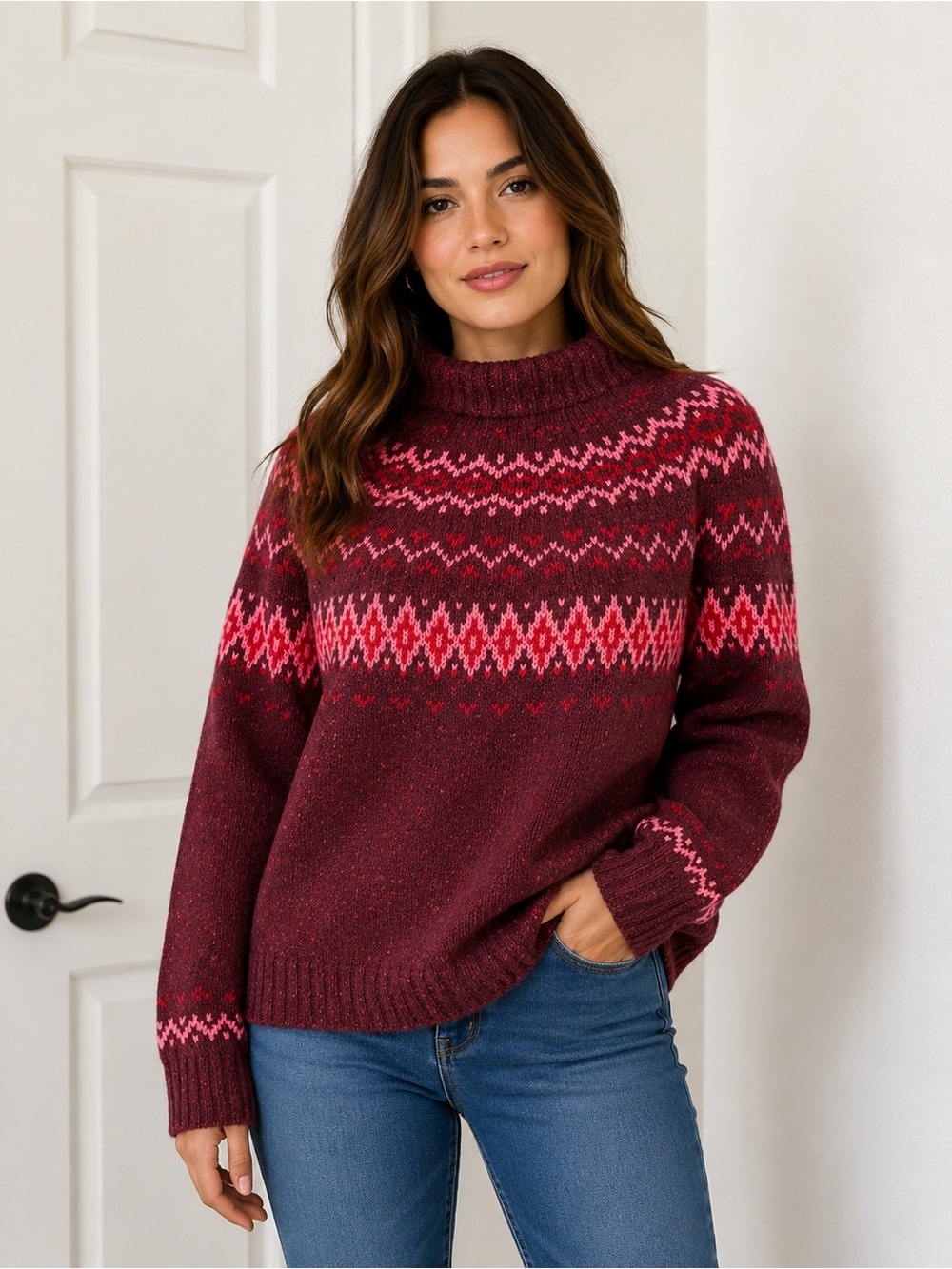 J. Crew wool blend Maroon Fair Isle Turtleneck Sweater with Pink Pattern L